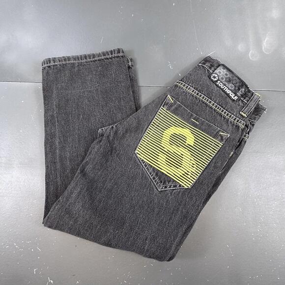 VTG Southpole Jeans Boys 8 24x22.5 Black All Cotton Wide Leg Baggy Denim Y2K - Picture 1 of 8